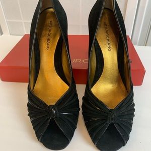 New Leather & Suede Peep Toe Heels Black Size 8.5